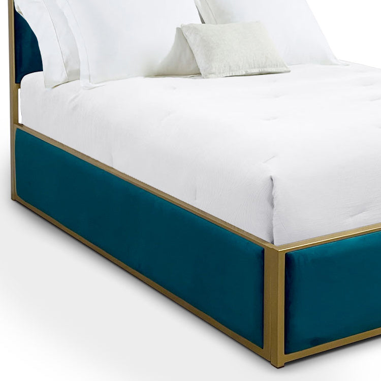 Haven Upholstered Iron Bed 1204 Wesley Allen Queen HB-FS Aged Brass Finish Royal Teal Fabric Matriae