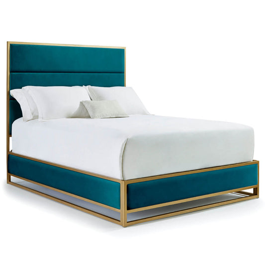 Khloe Upholstered Iron Bed 1203 Wesley Allen Queen Hbfs Aged Brass Finish Royal Teal Fabric Matriae