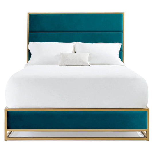 Khloe Upholstered Iron Bed 1203 Wesley Allen Queen Hbfs Aged Brass Finish Royal Teal Fabric Matriae