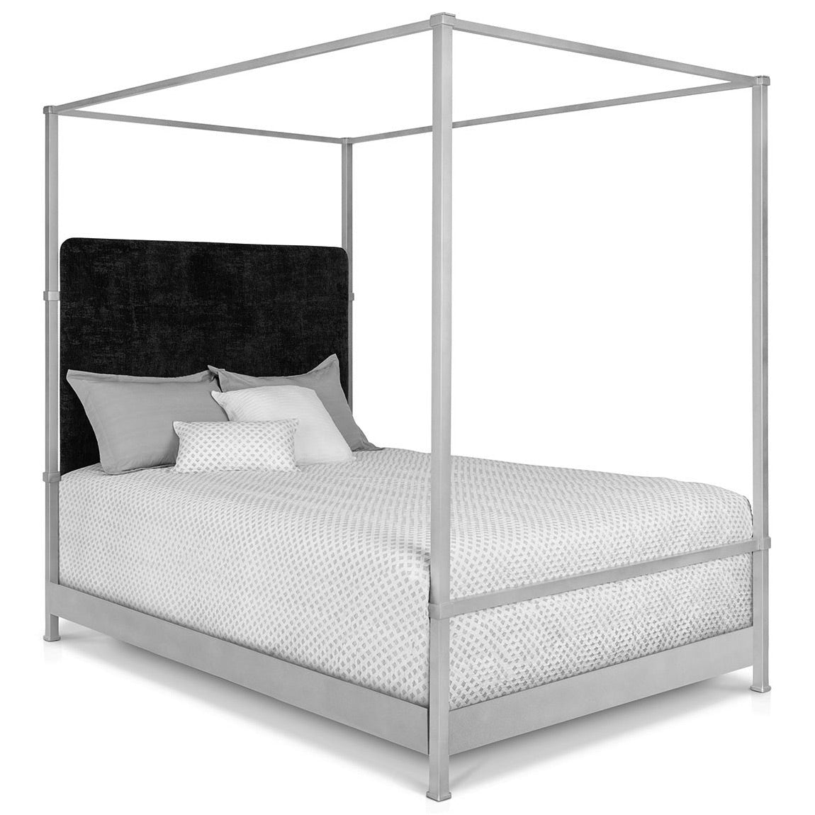 Quincy Upholstered Iron Canopy Bed Upholstered Surround 1328 Wesley Allen Queen CBC-MPF Opaque Light Silver Finish Verona Charcoal Fabric Matriae